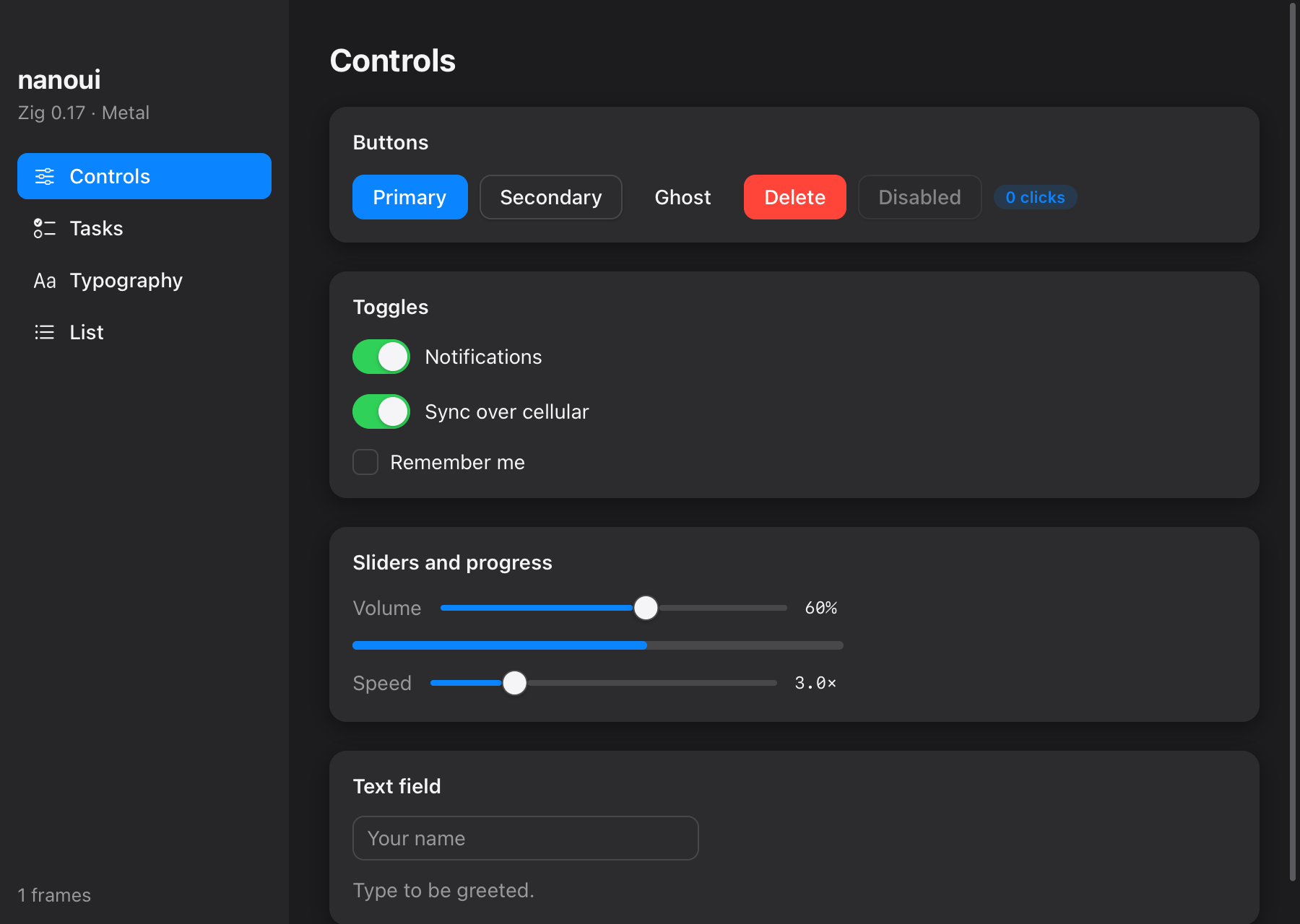 The nanoui gallery: buttons, toggles, sliders and a text field, drawn by nanoui