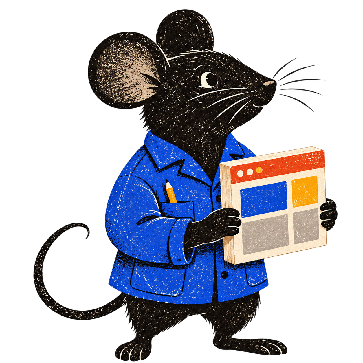 Nano, nanoui's field mouse craftsperson, wearing a blue workshop jacket and holding a miniature app window