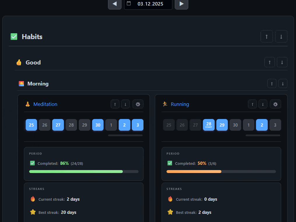 Habitify screenshot — Demo of the Habitify plugin in action, showing how it turns Markdown notes into habit and metric trackers with heatmaps and charts.