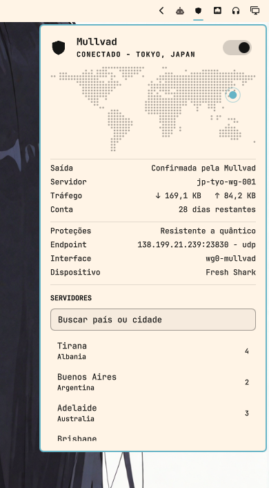 The Omaguard panel connected to a relay in Buenos Aires: exit confirmed by Mullvad, quantum-resistant protection, endpoint and udp protocol, wg0-mullvad interface, and transferred bytes