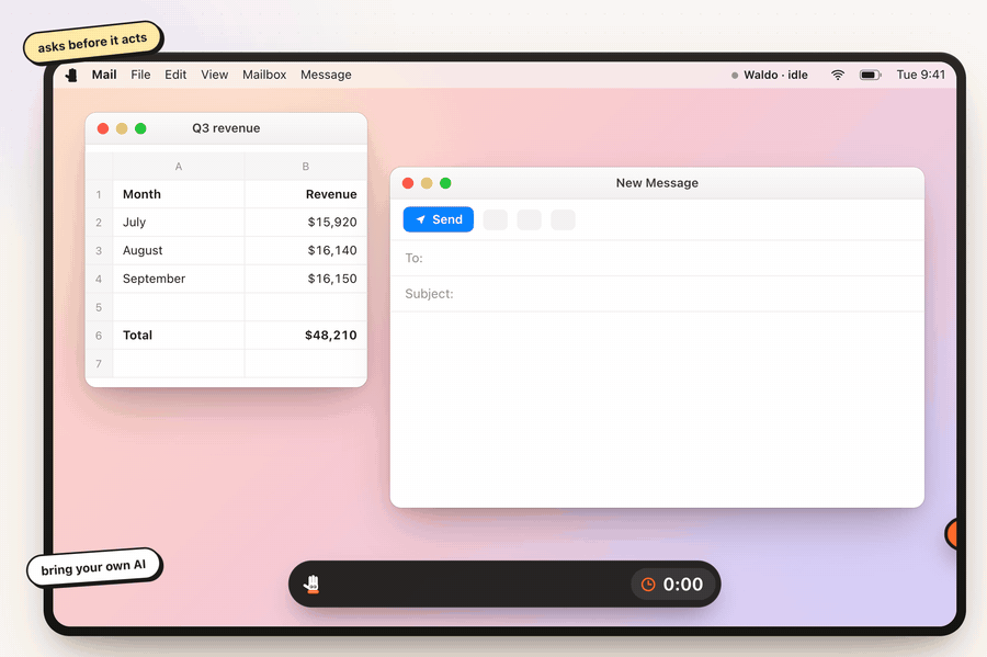 Animated demo: Waldo copies a total from a spreadsheet into an email, then asks before sending it.