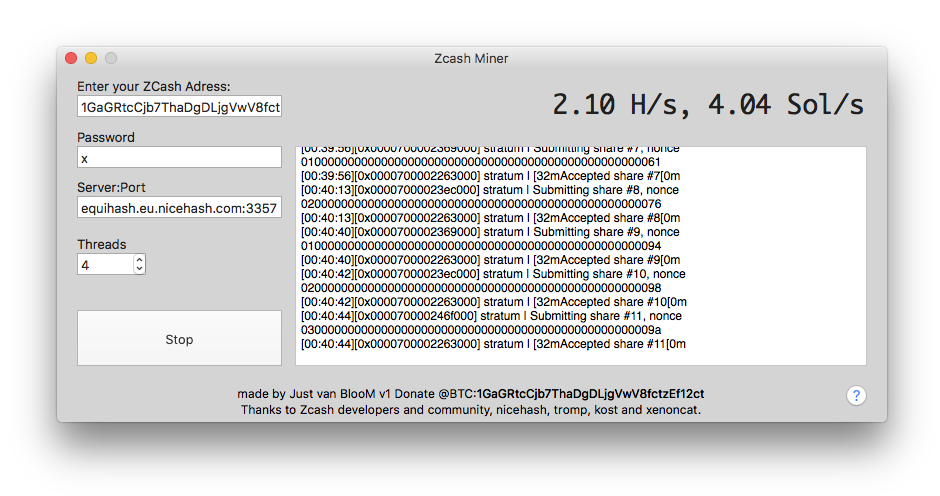 Zcash Miner Screenshot