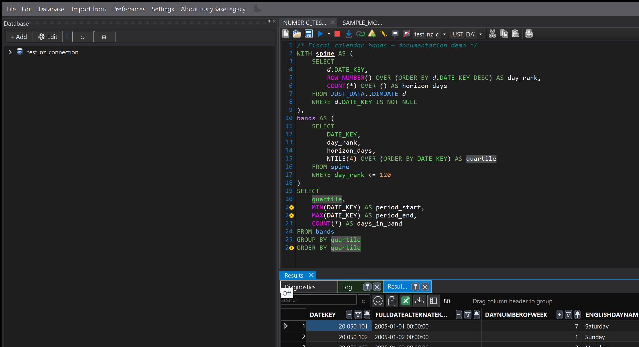 JustyBase.Legacy SQL editor, result grid, and database explorer in dark theme