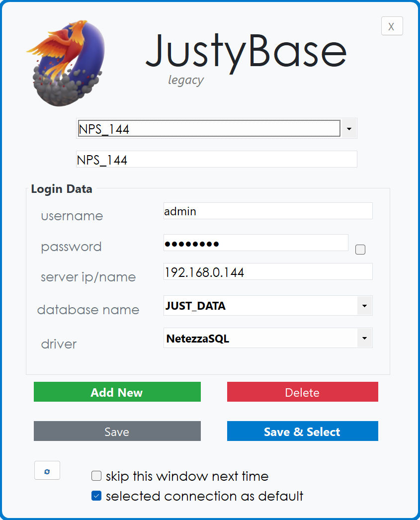 JustyBase.Legacy login and encrypted connection profiles