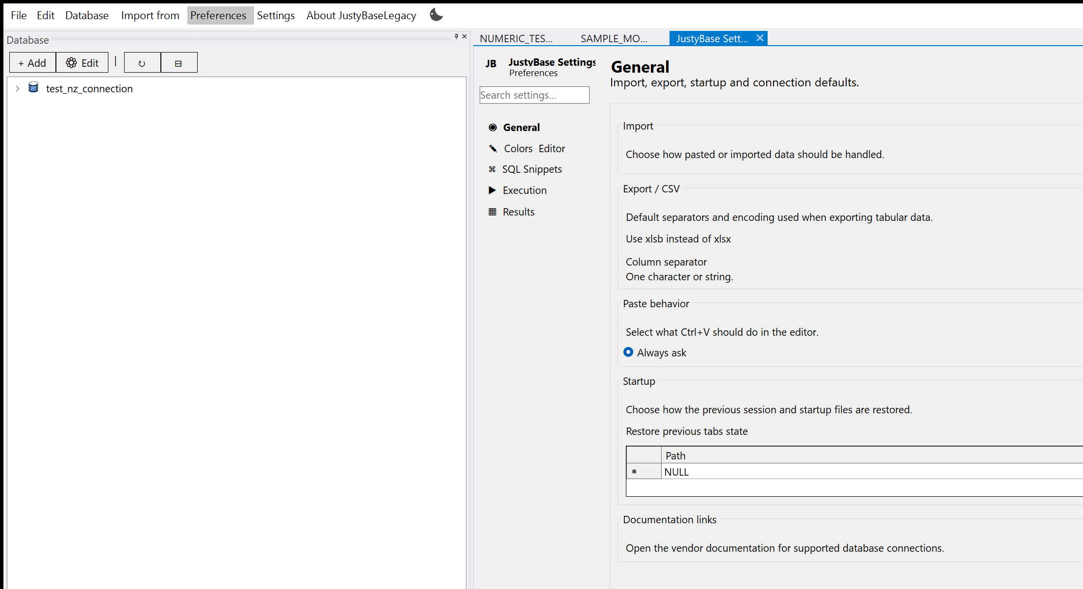 JustyBase.Legacy preferences as a docked document tab