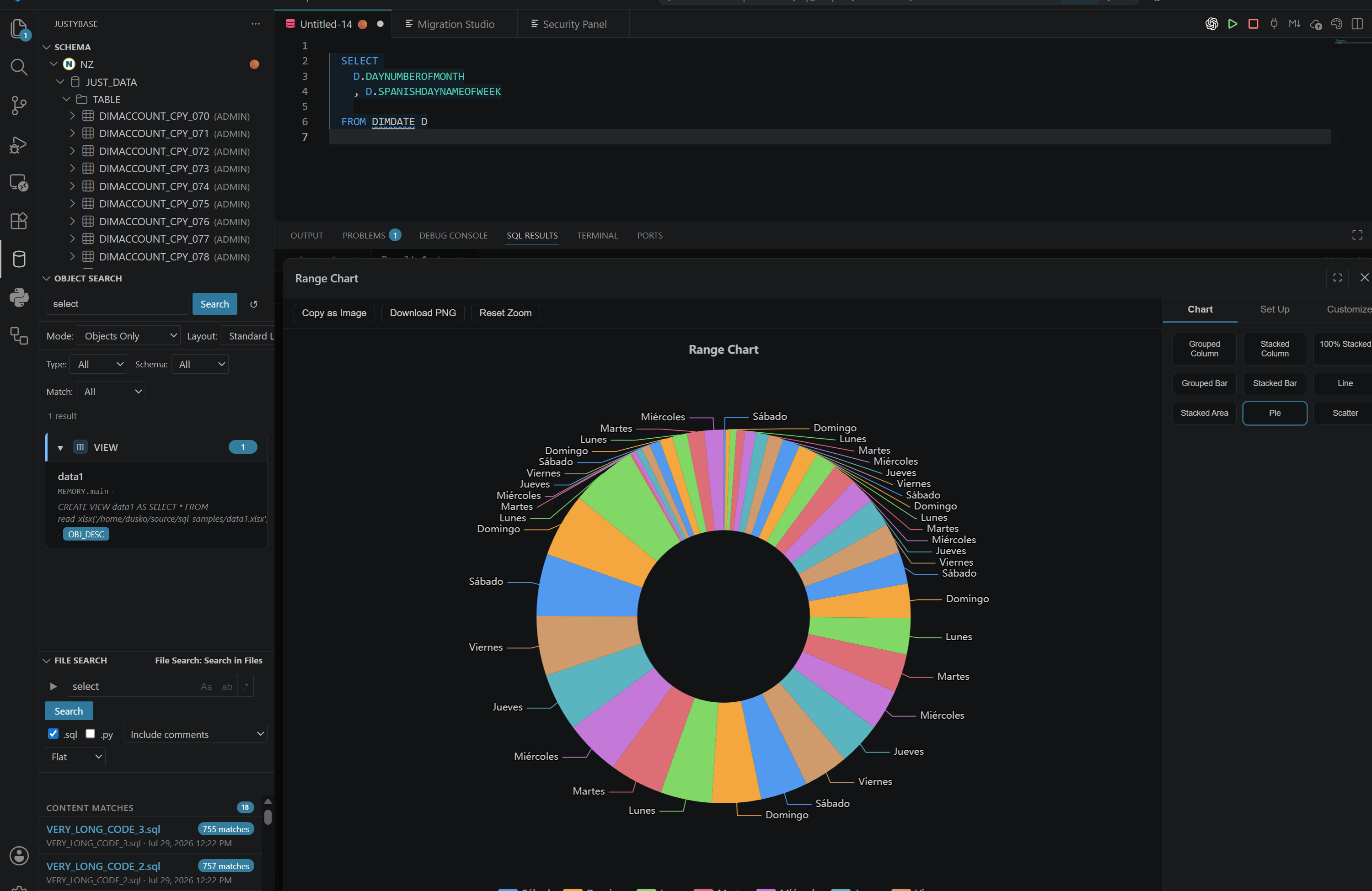 Interactive query result chart in JustyBase