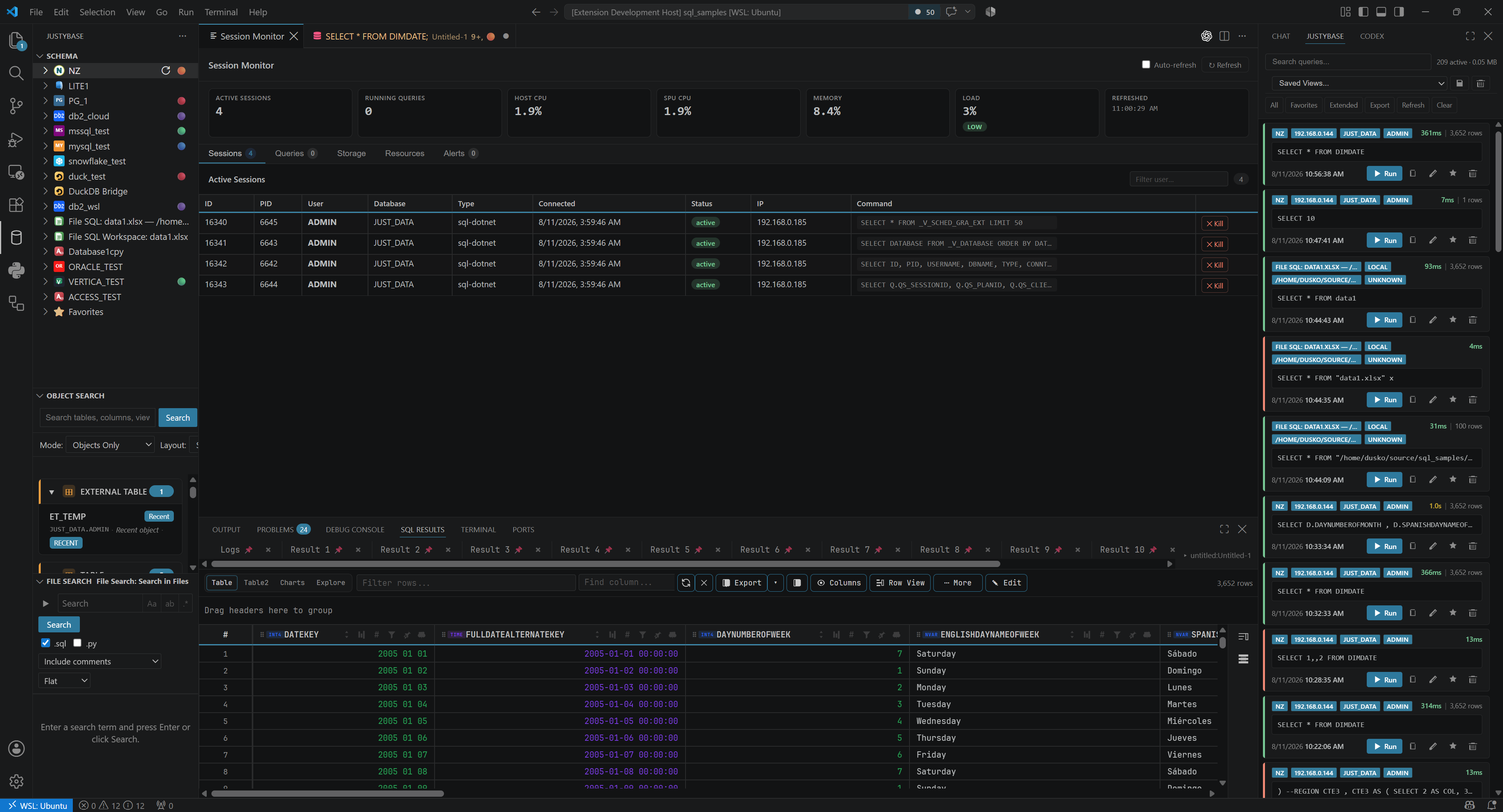 Session Monitor dashboard with active sessions, resource usage, and running queries