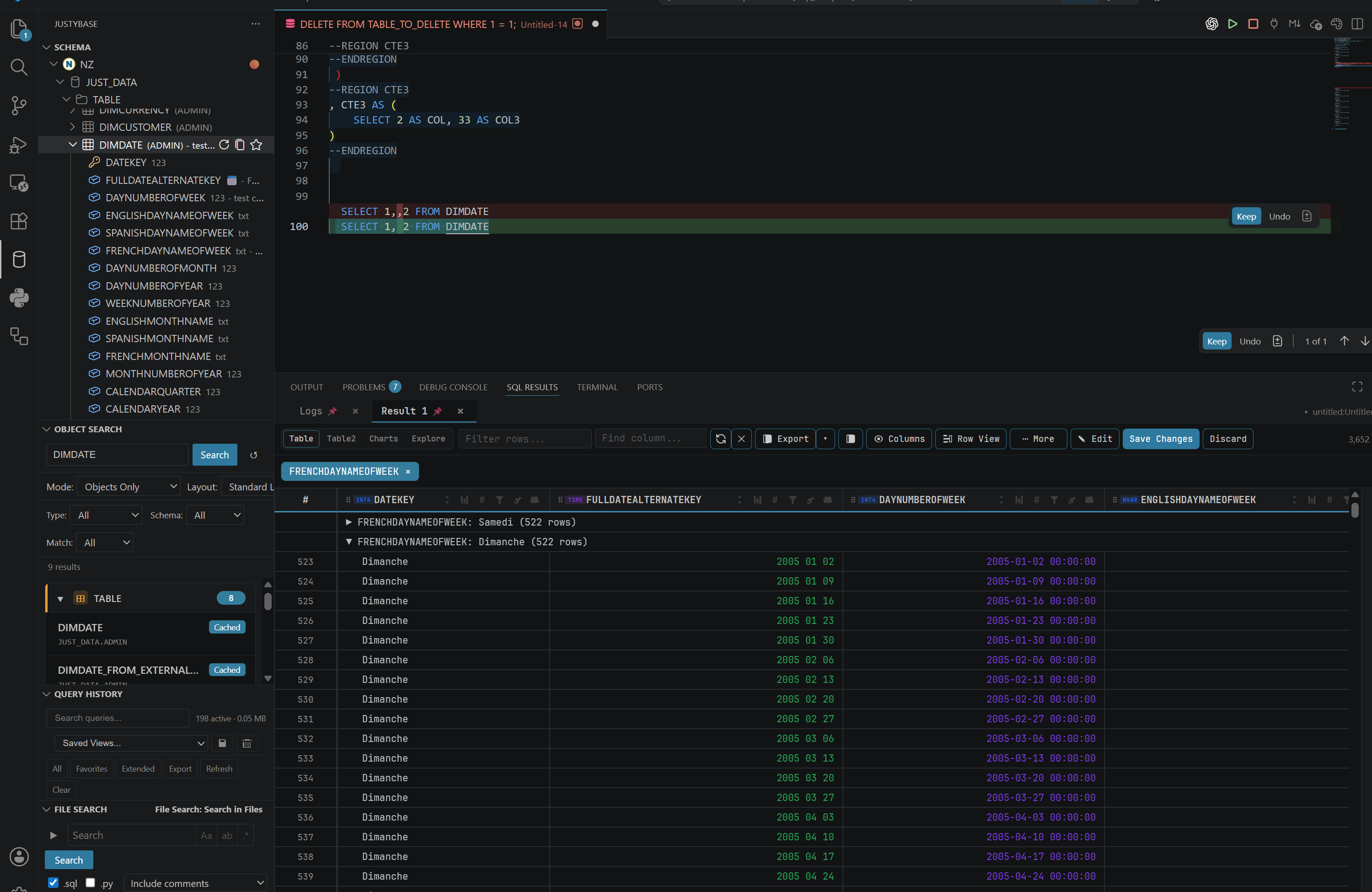 JustyBase workspace with Schema Browser, SQL editor, and query results