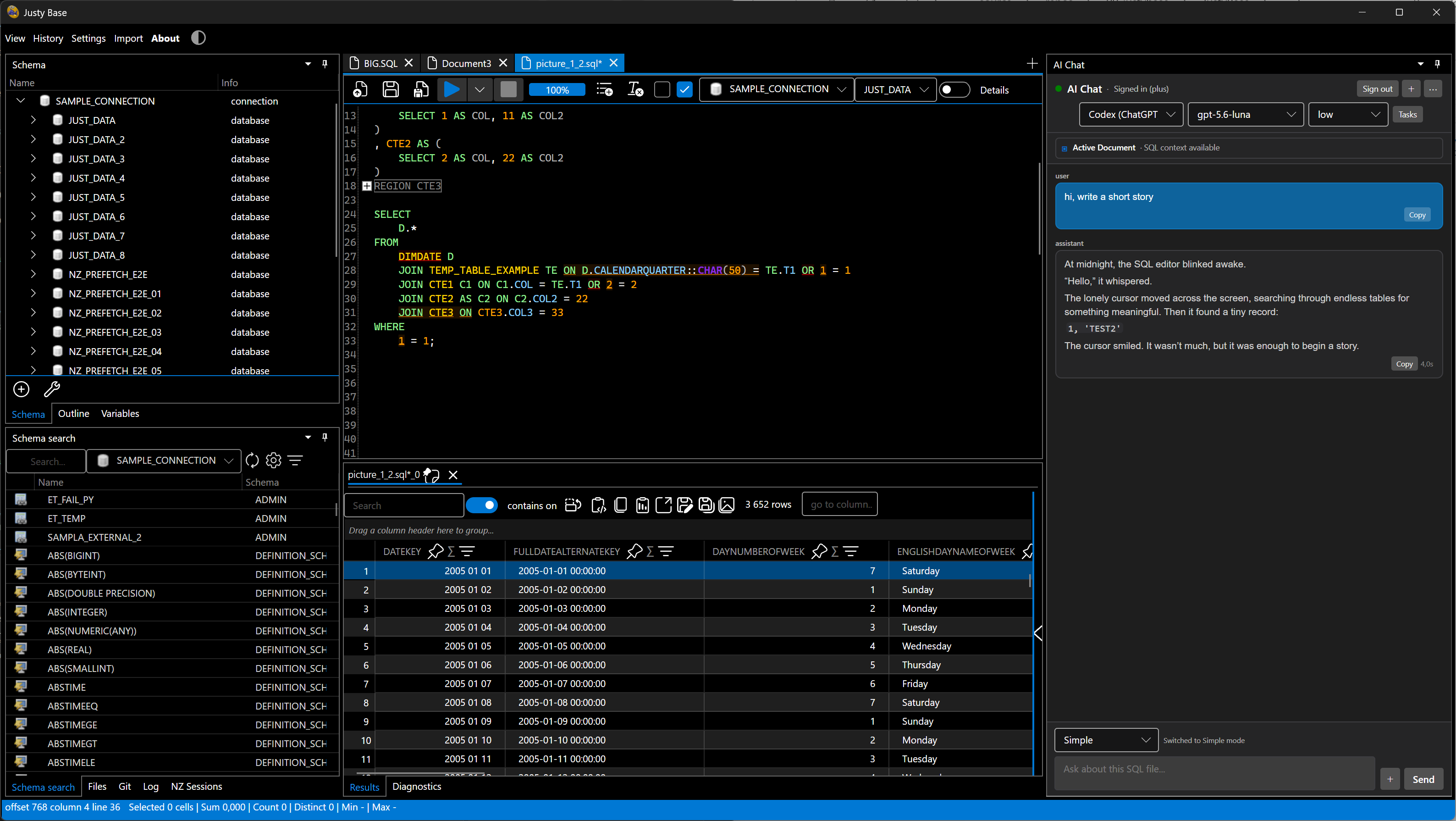 JustyBase SQL editor with schema explorer and query results in dark theme