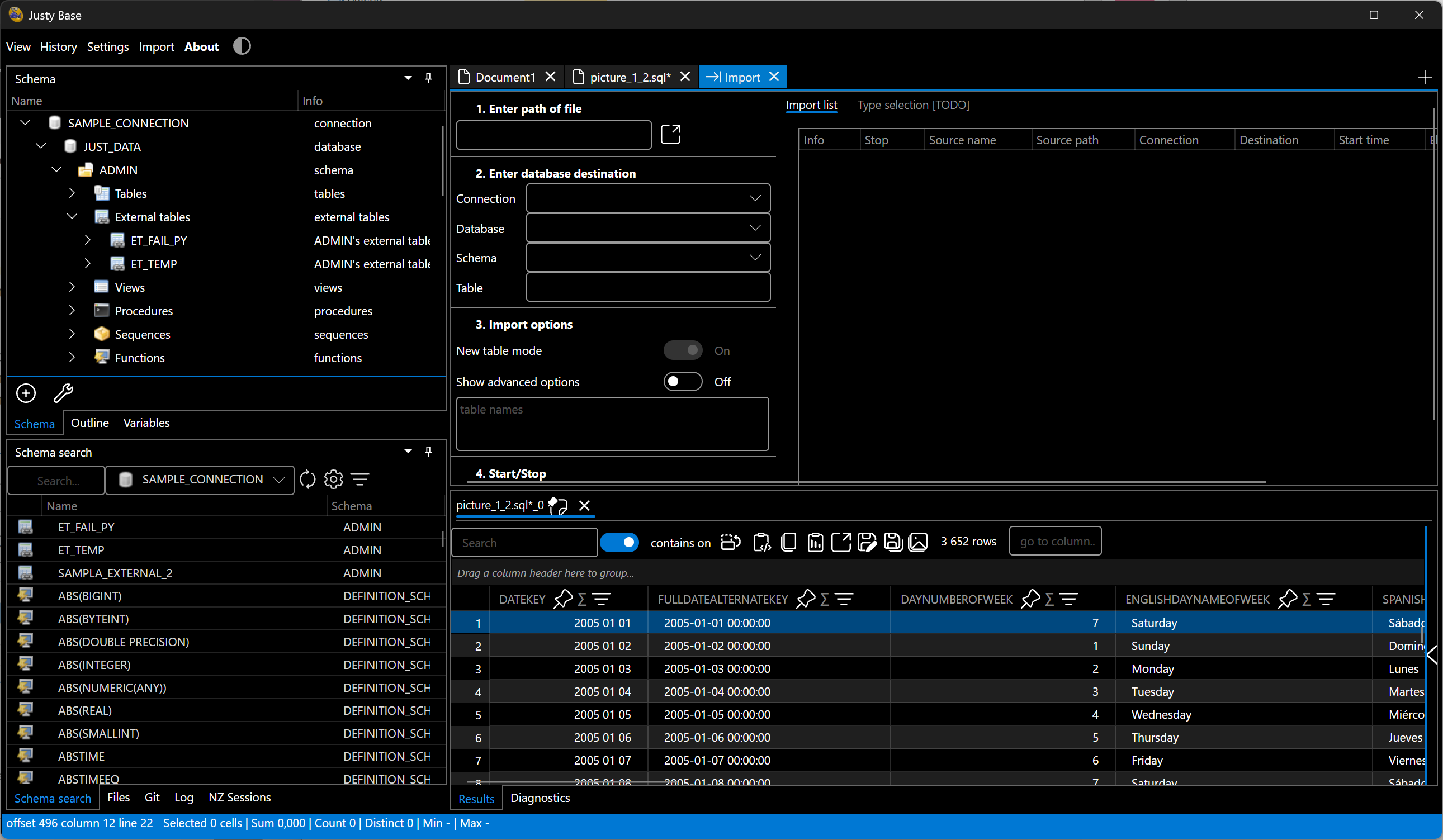 JustyBase data import workflow in dark theme