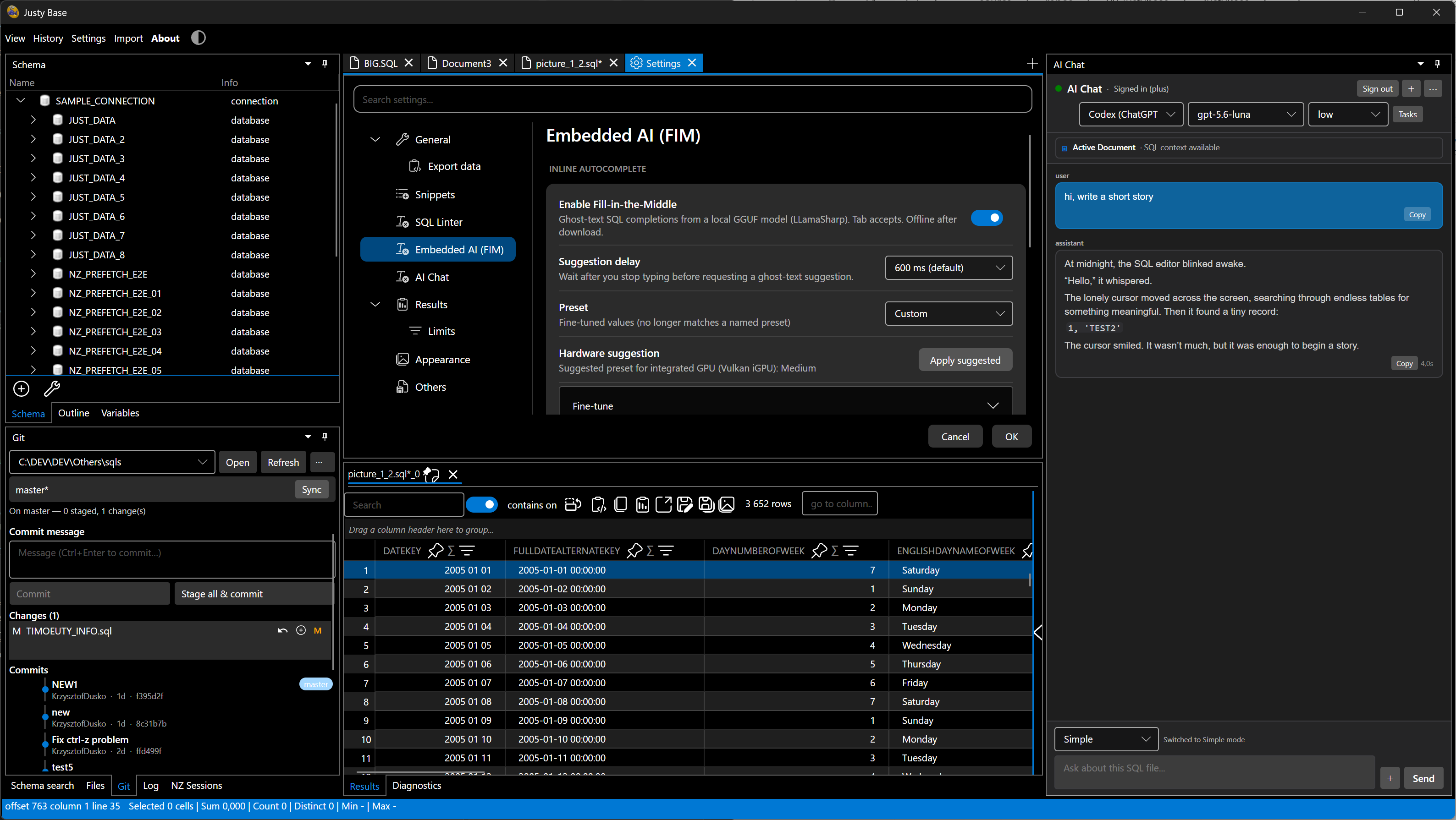 JustyBase settings view in dark theme
