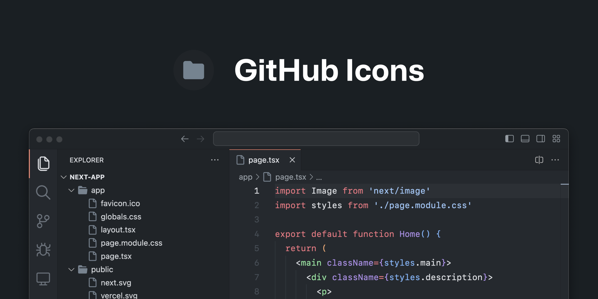 Screenshot of VS Code with GitHub Icons theme