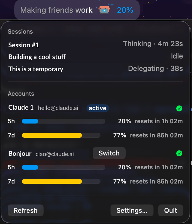 Popover: active Claude Code sessions and per-account 5h/7d usage bars