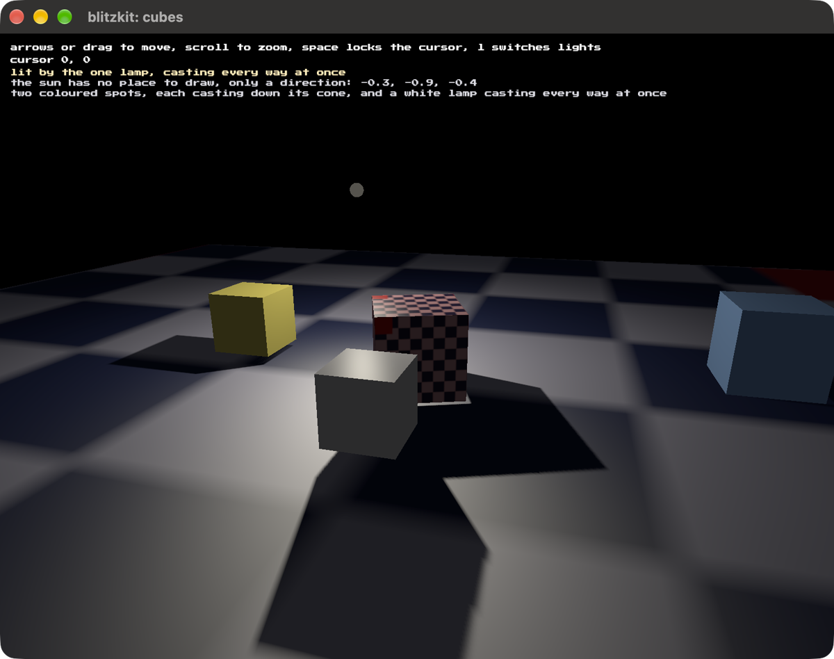 Four cubes on a dark checkered floor with the sun and the spots switched off, lit by one lamp hanging above them, each cube throwing its shadow off in a different direction away from it