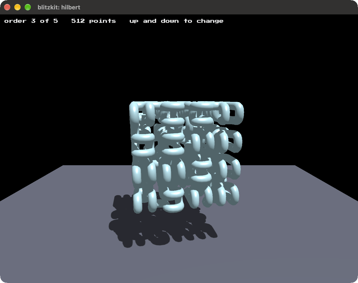 A Hilbert curve of order three drawn as a tube, winding through a cube without touching itself