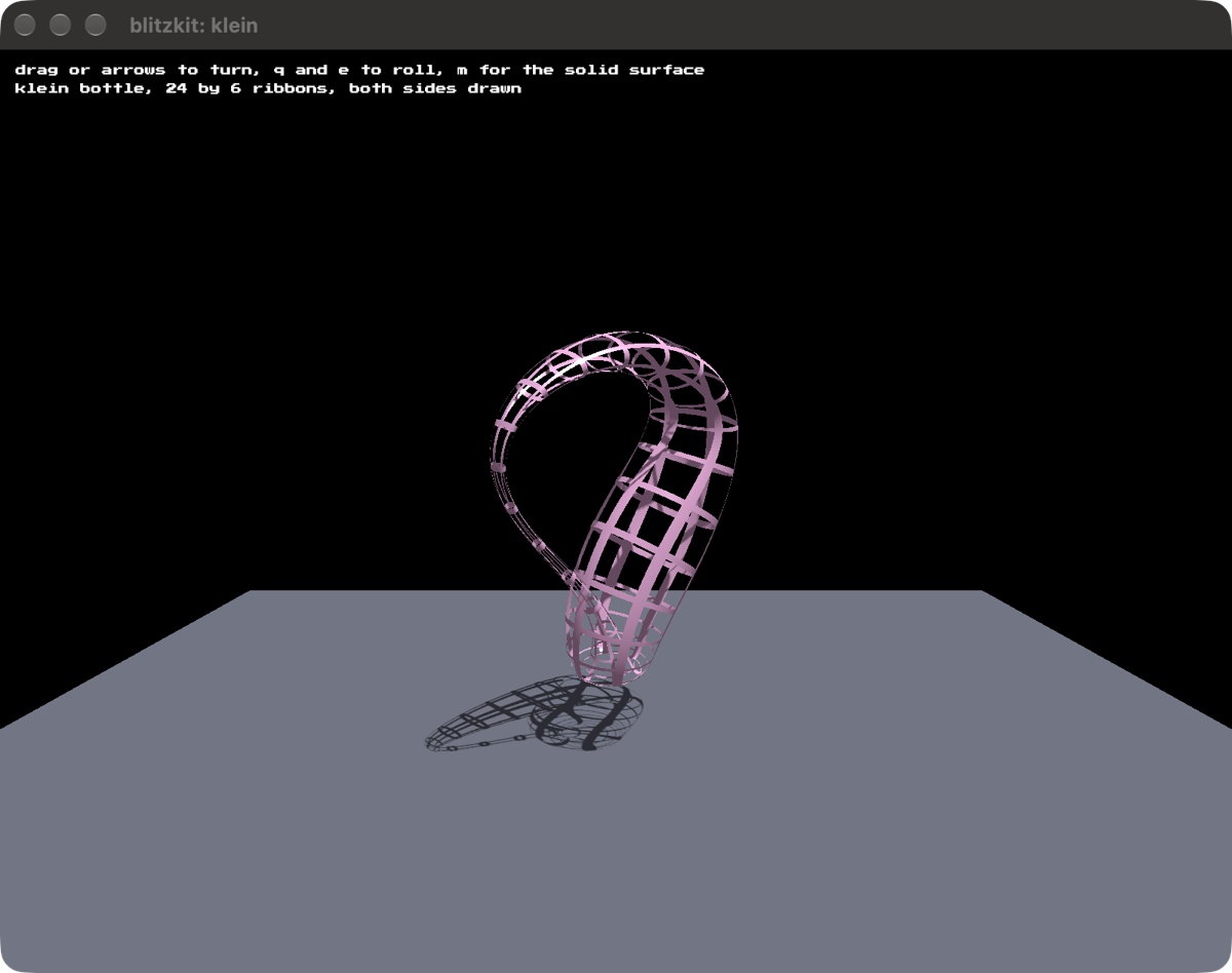 A Klein bottle drawn as a wire mesh, its neck curving over and back down into its body, casting a lattice shadow on the floor