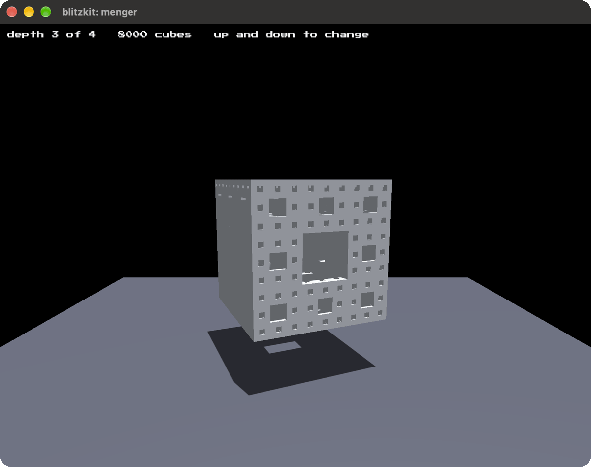 A Menger sponge at depth three, passages going right through it, a square hole in its shadow