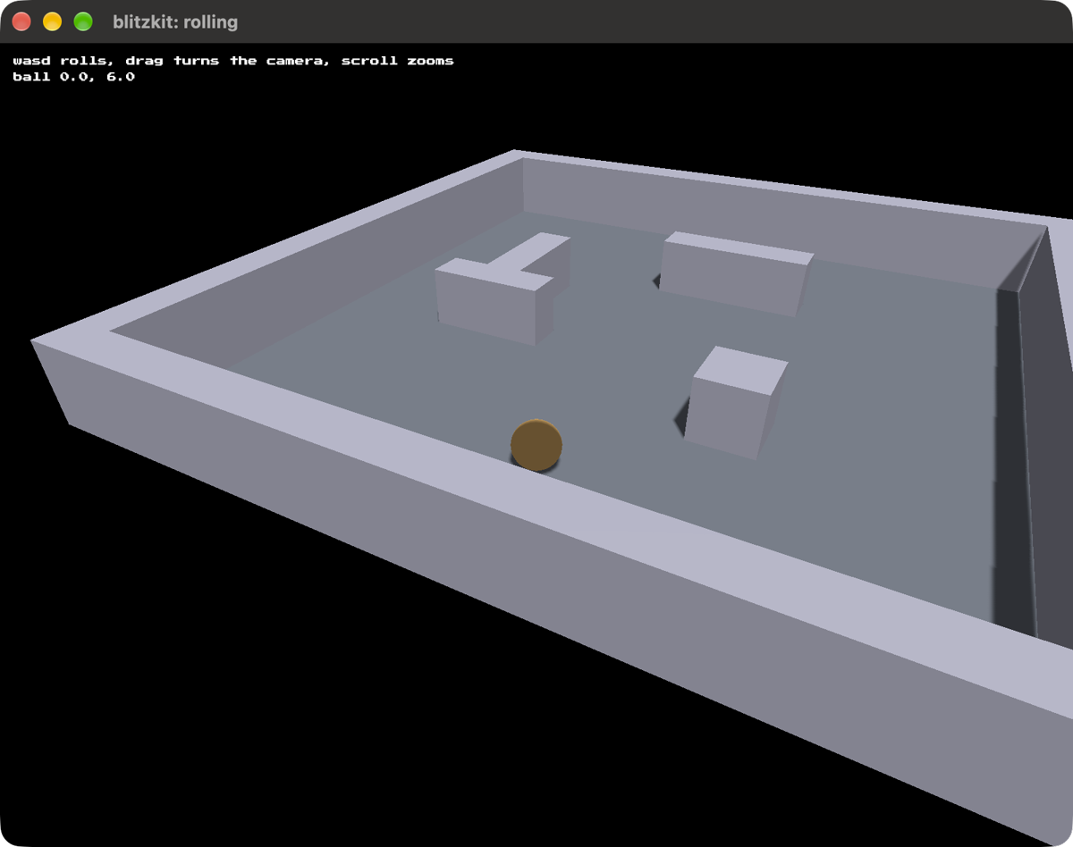A ball on the floor of a walled room, three blocks standing on it, each casting a shadow