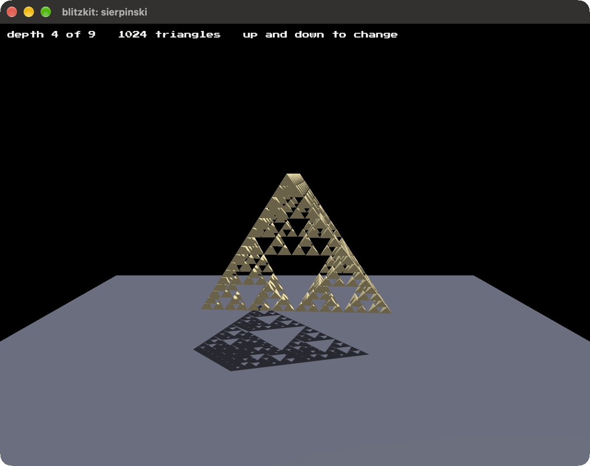 A Sierpinski tetrahedron at depth four, its shadow on the floor carrying the same holes