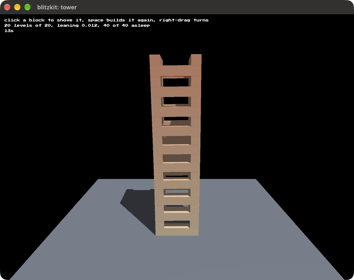A tall hollow tower of forty blocks, two to a level and turned a quarter turn each level, standing on a grey floor