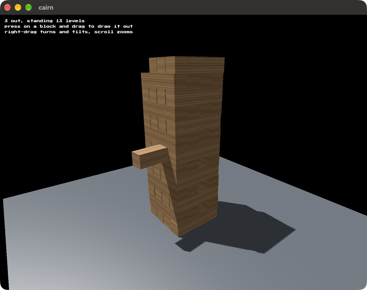 A tower of grained wooden blocks, four to a level and turned a quarter turn each level, leaning with holes through it where blocks have been taken out, one block drawn half out of a middle level, and the ones already taken stacked on the top