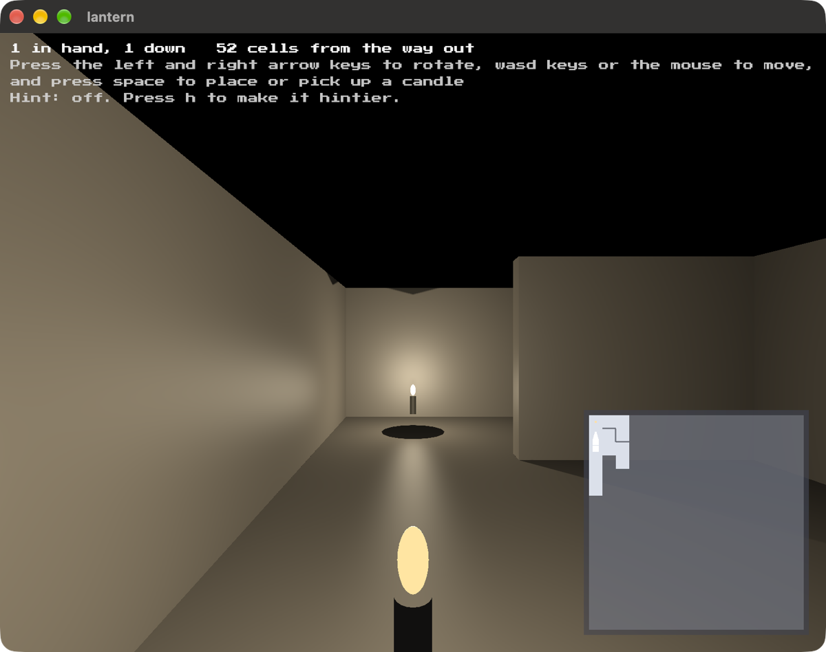 A candle standing in a corridor, lighting the walls and casting its own shadow, a second candle carried in the foreground, and a dark side passage to the right