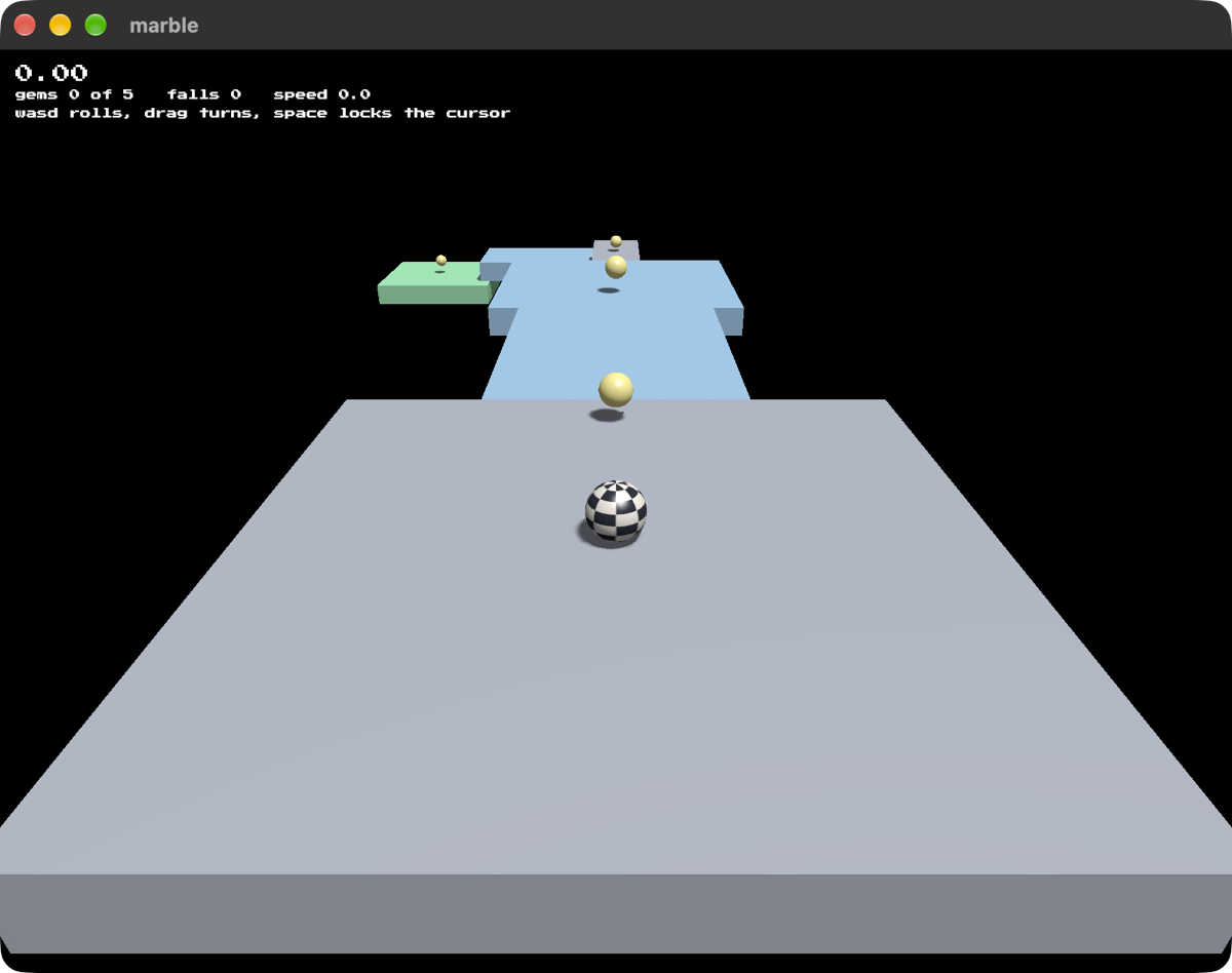 Marble: the marble on the starting pad, the course of platforms receding to the green goal, gems floating above them