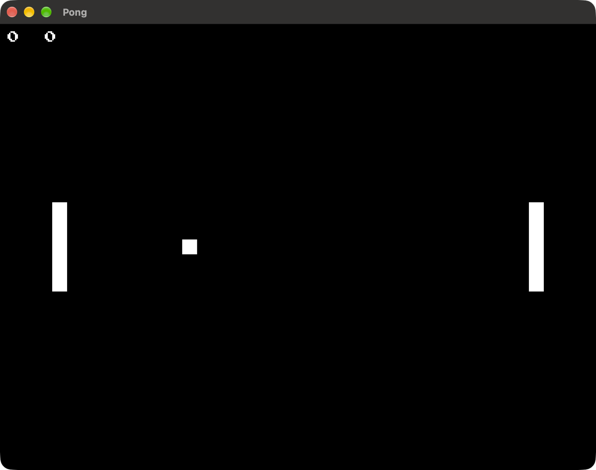 Pong: two paddles, the ball mid flight, and the score at the top