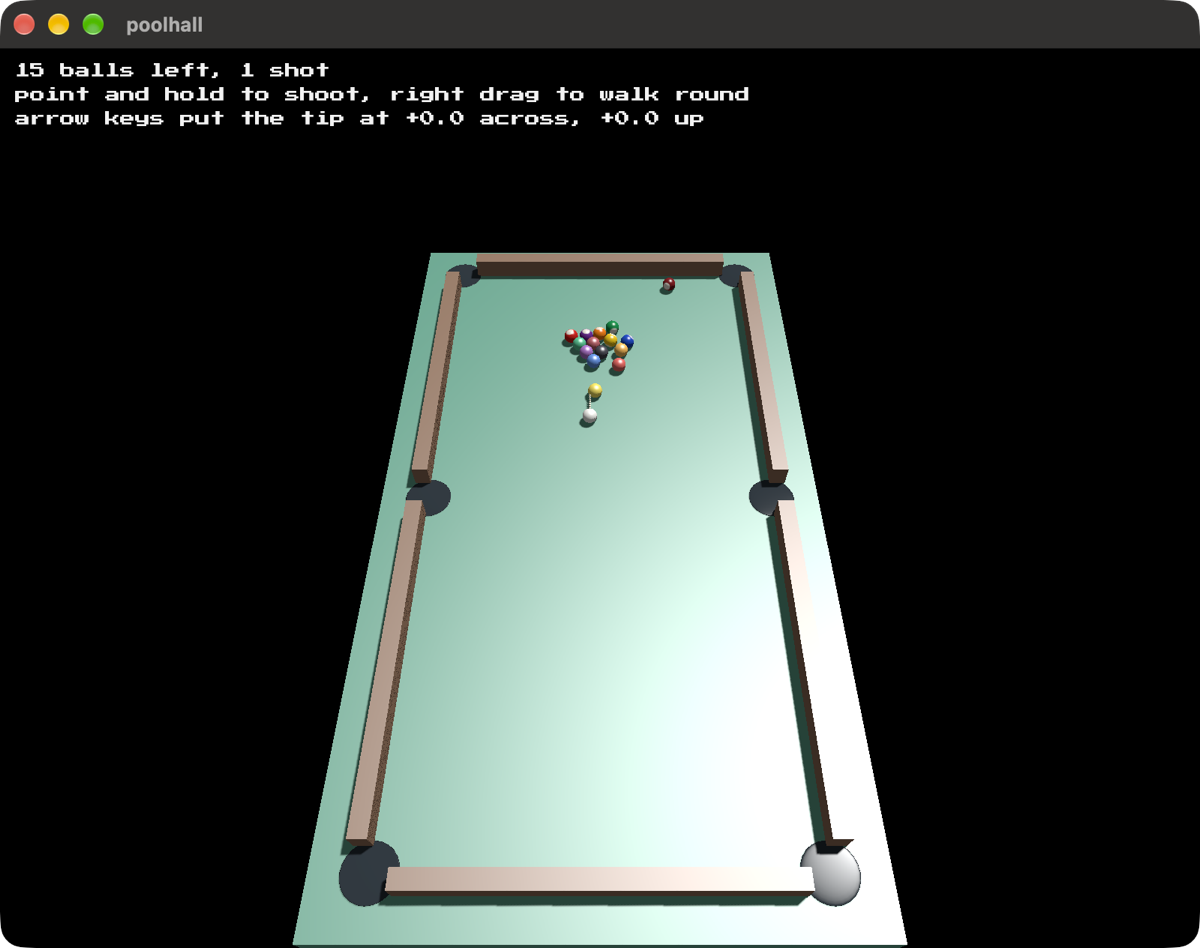 A pool table seen from above the head rail, fifteen coloured balls scattered across the far half after a break, the white cue ball among them, and six dark pockets around the cushions