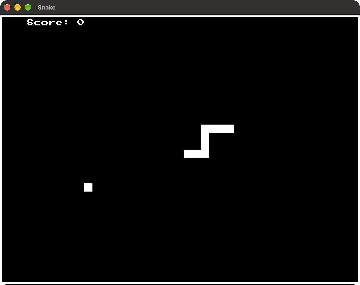 Snake: a nine segment snake winding through two turns in the middle of the board, with a pellet away to the lower left
