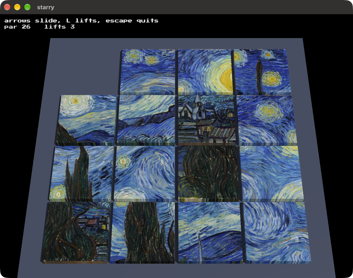 Starry: the painting cut into sixteen thick tiles in a tray, one square empty, the cypress and the village broken across the wrong squares