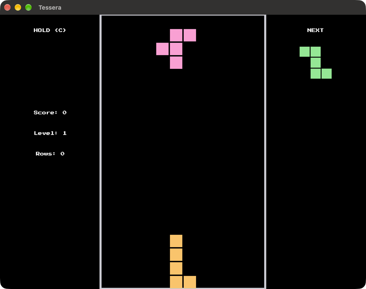 Tessera: a piece falling, the next one queued beside the well, and the score, level and rows cleared