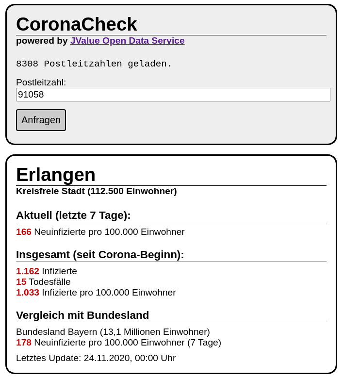 screenshot of CoronaCheck interface with the corona data for Erlangen loaded