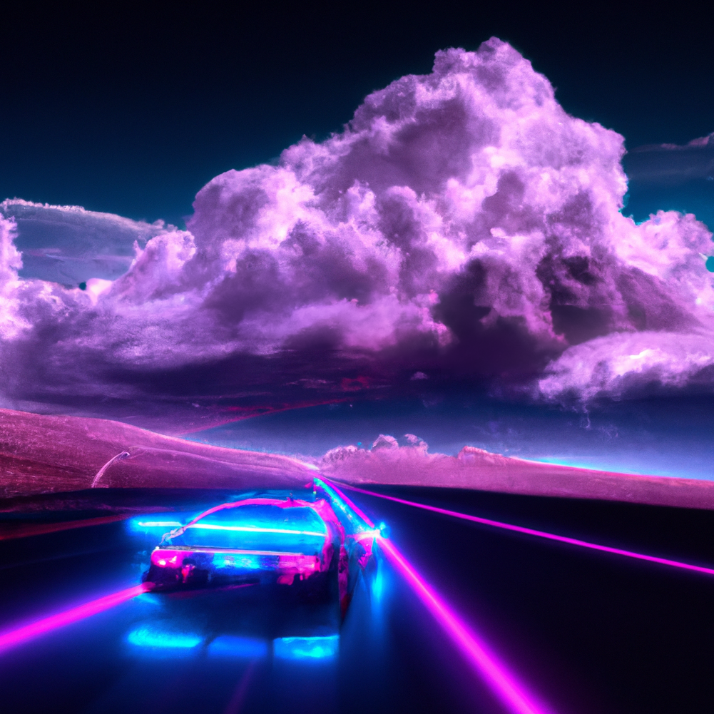 A car with a speaker mounted on top, parked on a road leading toward a lightning storm in the background