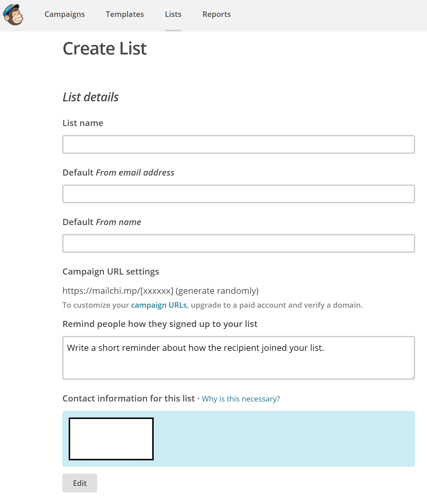 Mailchimp create list 1