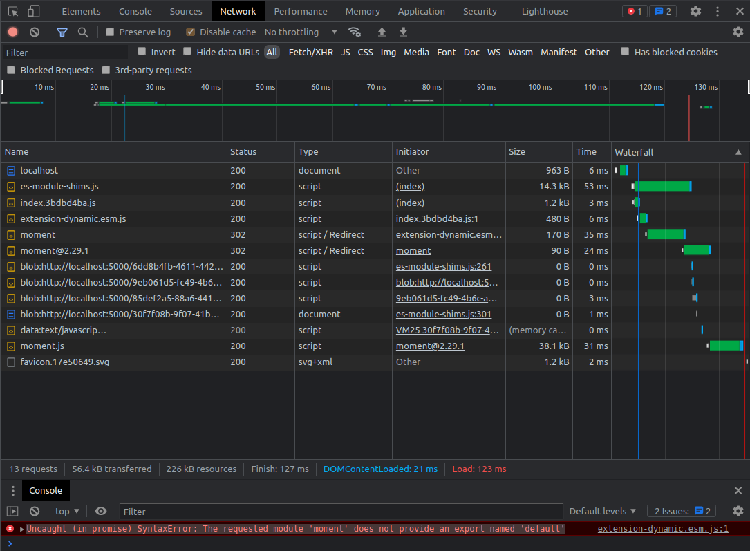 Google Chrome network tab, import maps