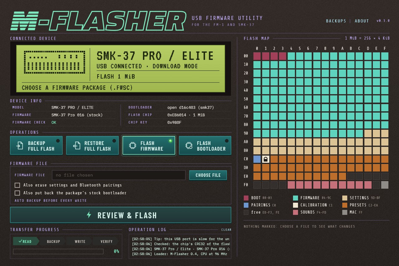 M-Flasher window with an LCD panel reading SMK-37 Pro / Elite in download mode, a firmware install pending, and a 256-sector flash map with 153 sectors highlighted