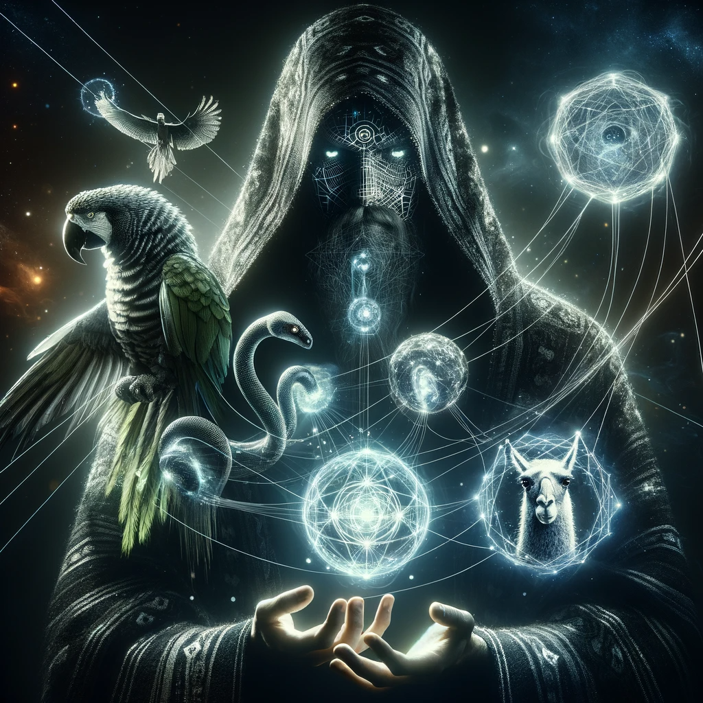 An image of a techno-wizard in a flowing robe adorned with digital runes, with interconnected glowing orbs floating about. One orb contains a coiling snake, another a majestic parrot, and another a serene llama. All the orbs emit intense, glowing power. Streams of light intertwine seamlessly in front of the wizard's focused eyes, casting intricate shadows and illuminating the wizard's face with a mysterious light.