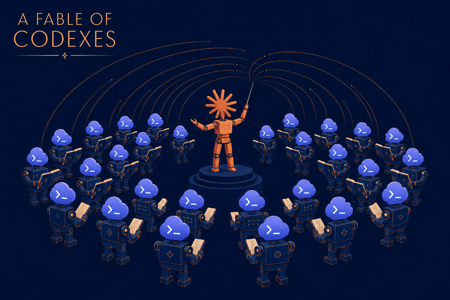 A robot conductor directing an orchestra of cloud-headed codex robots