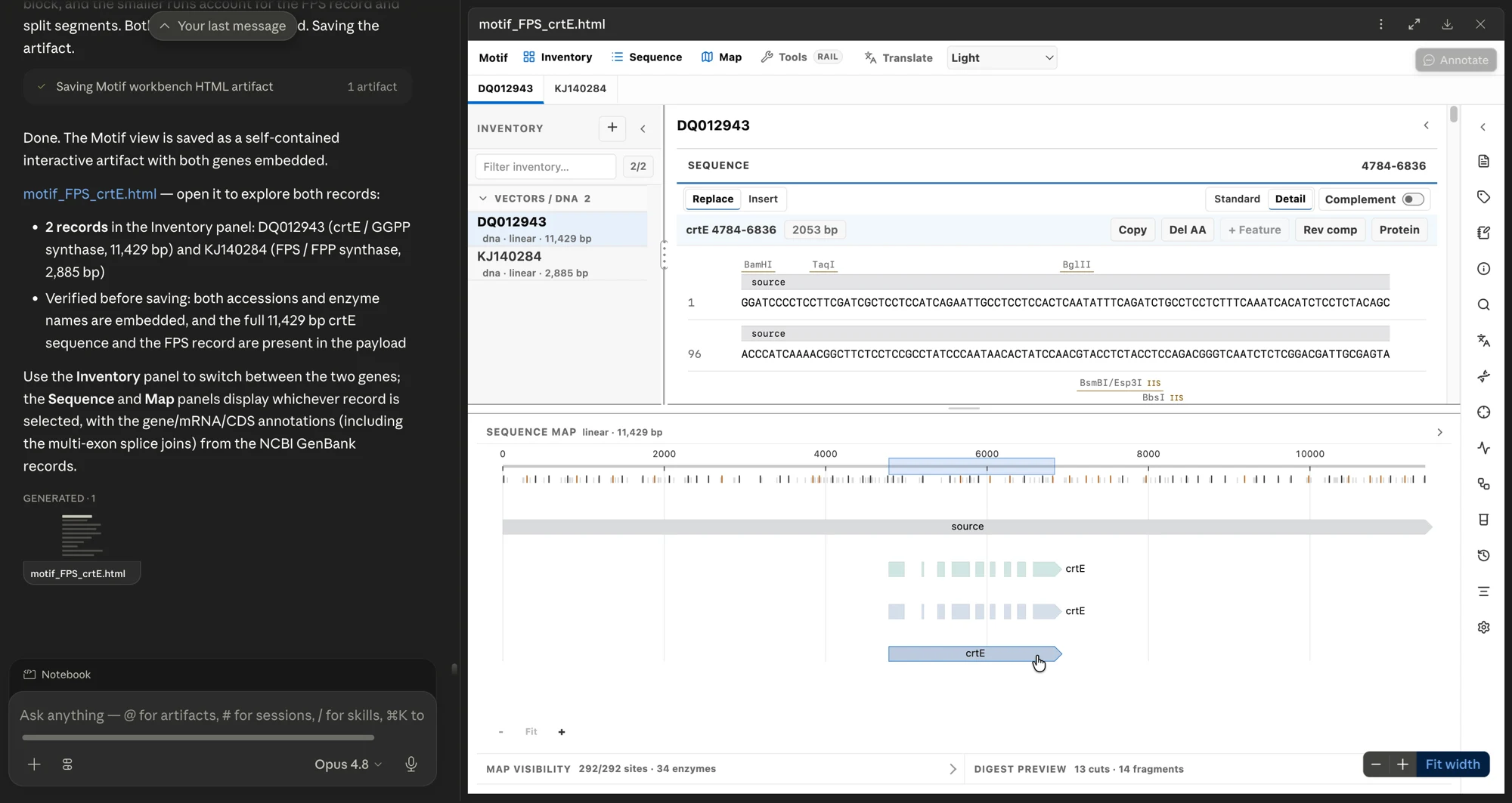 Motif open in Claude Science with two sequence records, annotated sequence detail, a linear map, and restriction-digest results.
