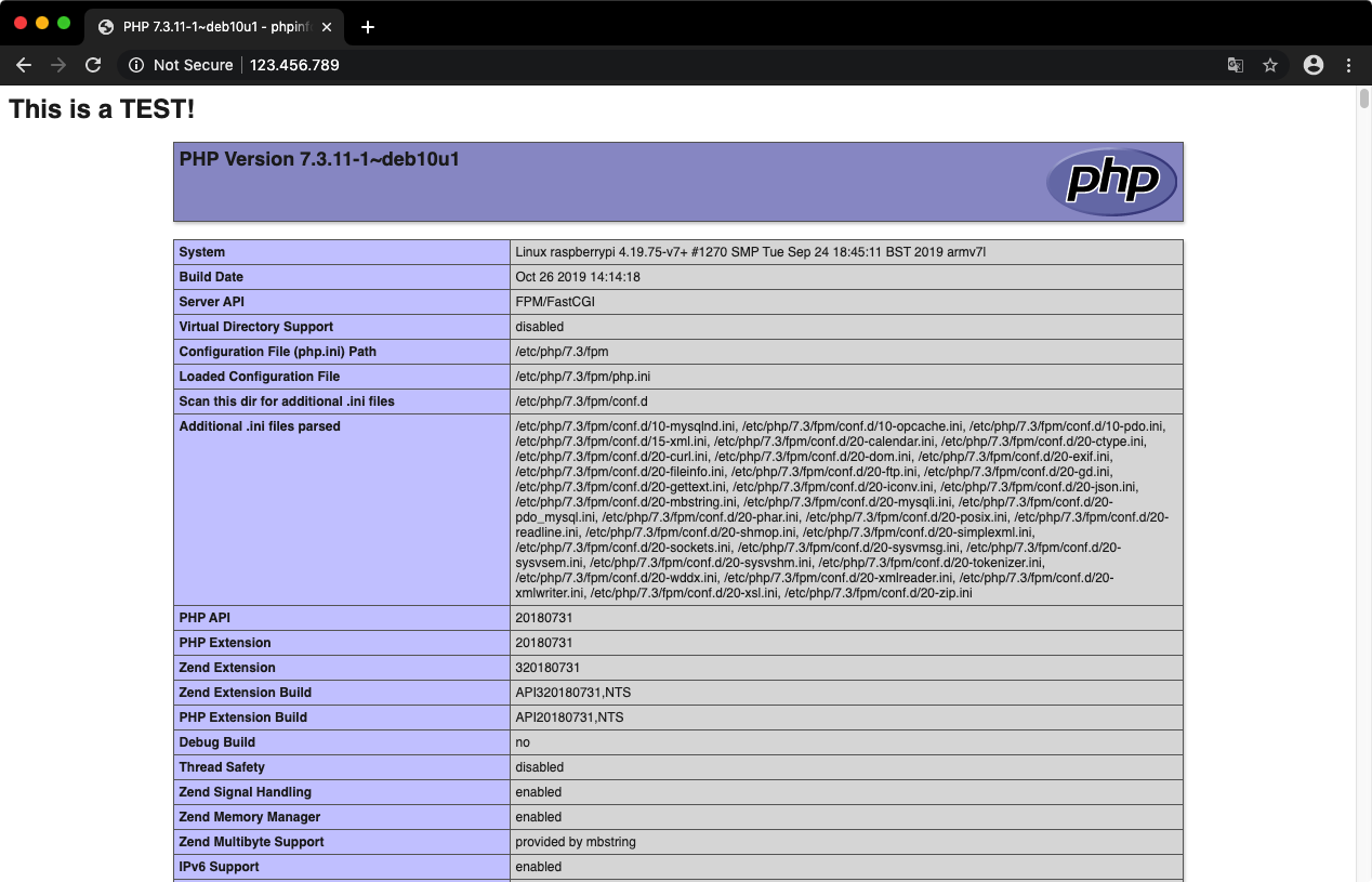 Example of the test site with enabled php