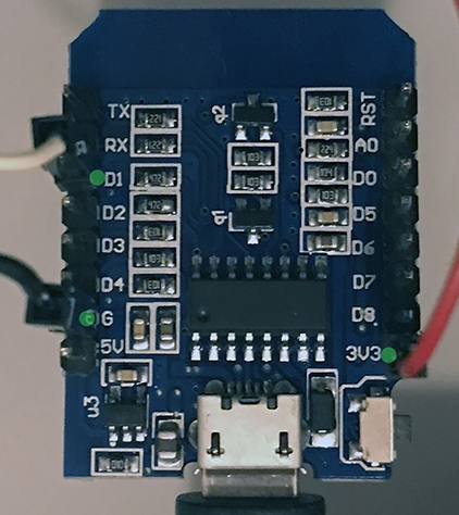 Wemos D1 board pin D1, GND, Vcc