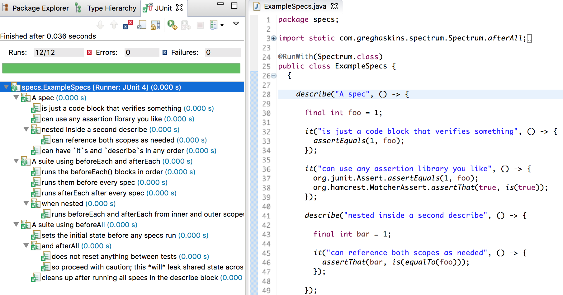 Spectrum with Eclipse via JUnit