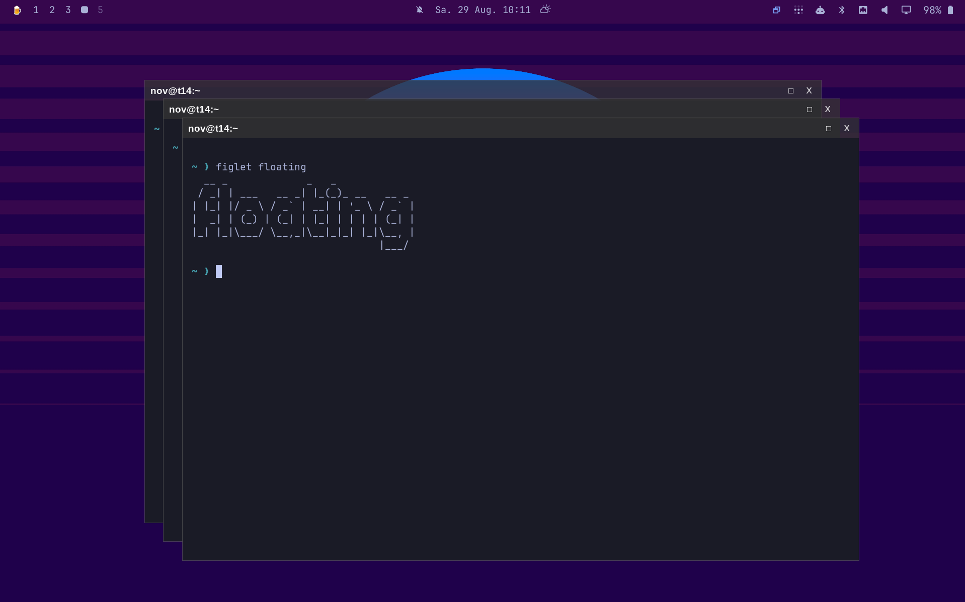 Three floating terminal windows opened with a cascading offset