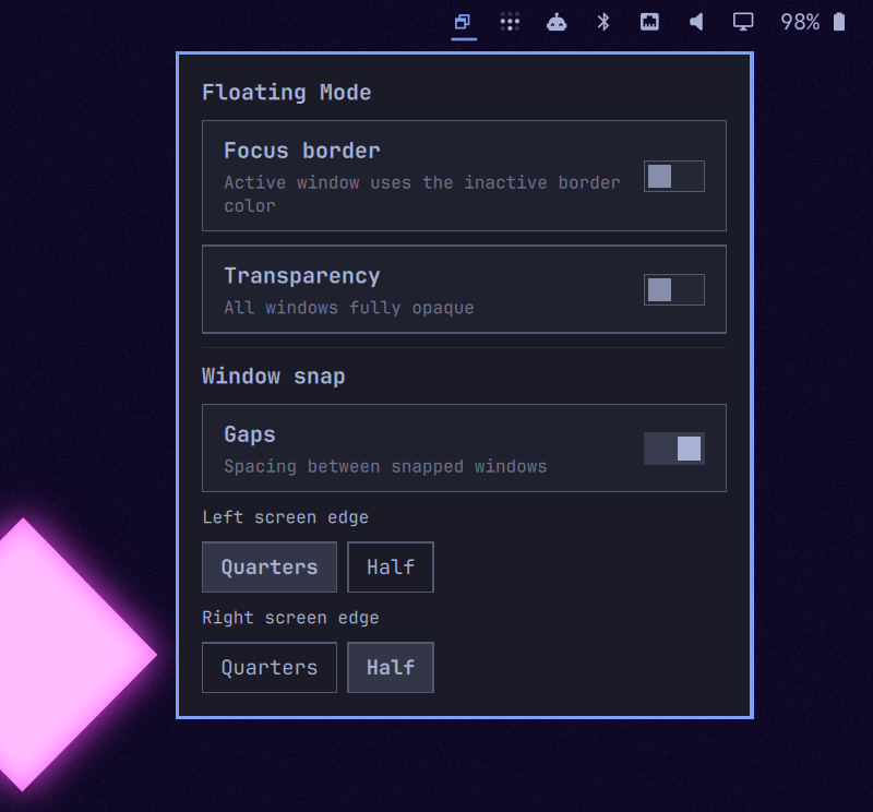 Floating Mode settings with focus border, transparency, gaps, and snap controls