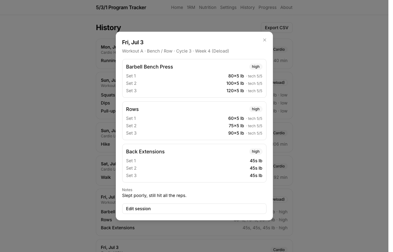 History with inspection modal