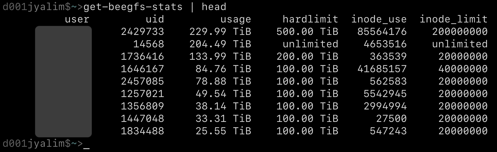 Command-line utility, get-beegfs-stats, for seeing BeeGFS quotas at the user level