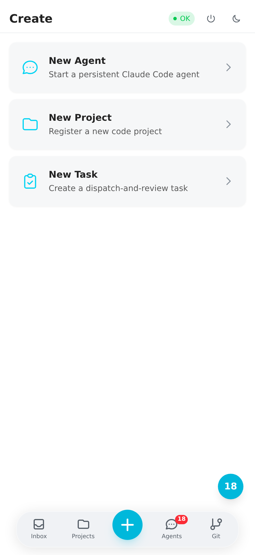 Create 菜单 -- New Agent / New Project / New Task