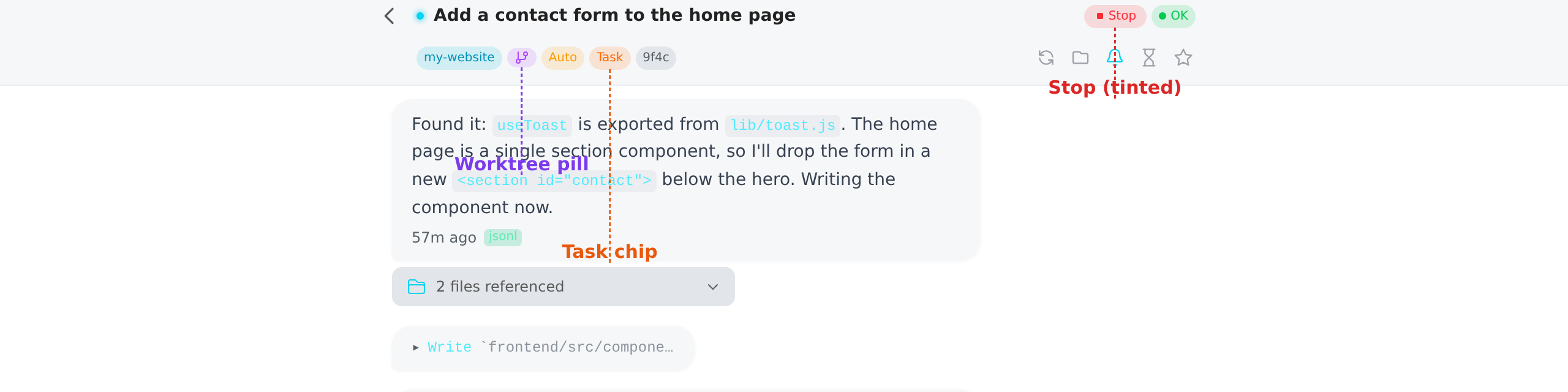 Chat header — id pill / worktree pill / Task / branch / Stop