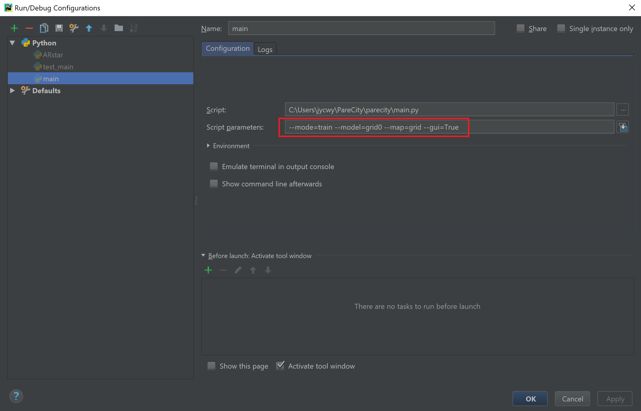 parameter setting based on PyCharm